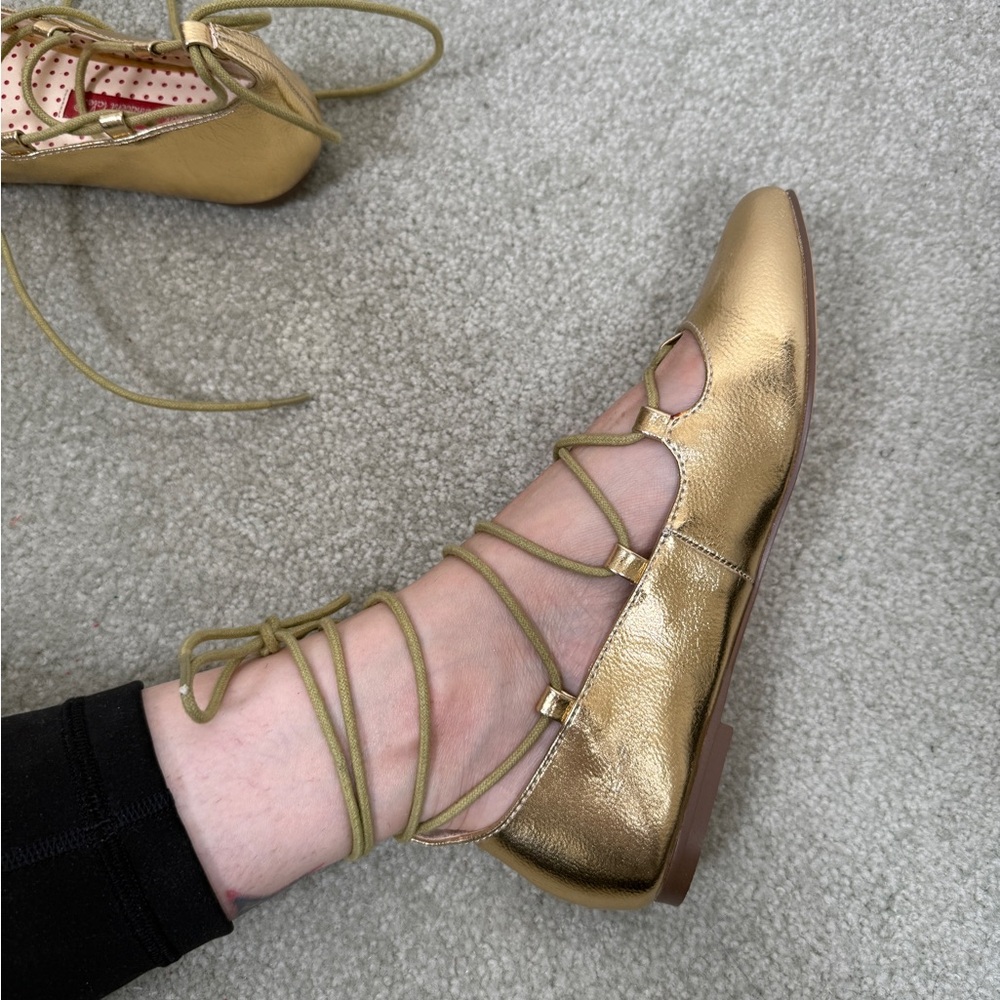 BAIT shoes ankle tie lace up gold flats